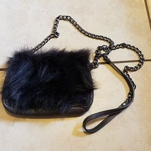 Grey leather and fur crossbody purse